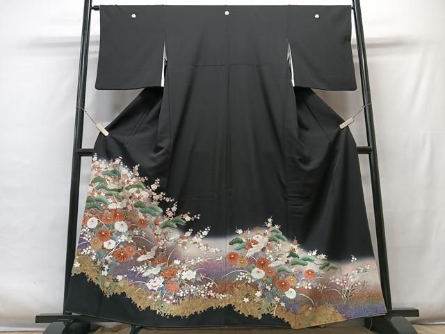 平和屋着物□豪華黒留袖 飛鶴吉祥花文 暈し染め 金銀彩 正絹