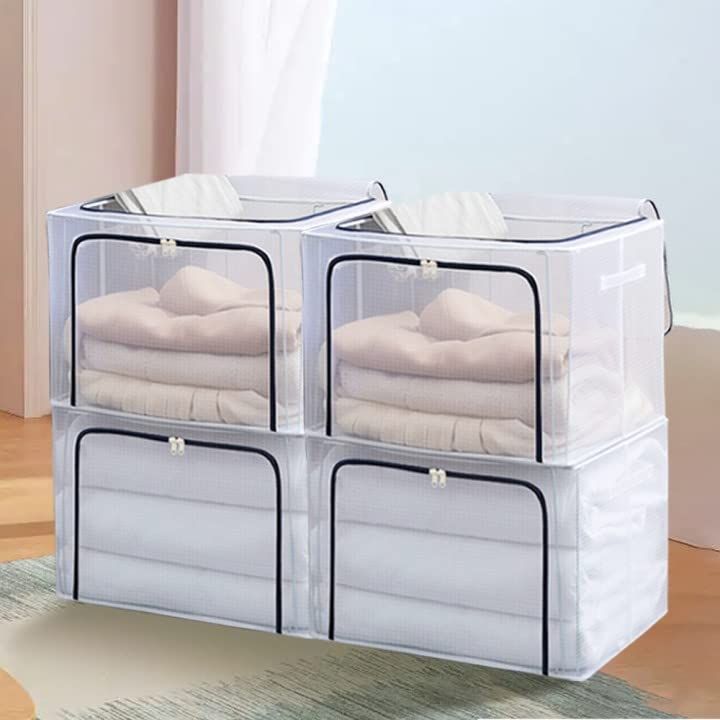 衣類収納 収納ケース 衣装ケース 66L 防水PVC 透明窓付 折りたたみ式 衣類収納ケース 防湿 防塵 洋服収納 大容量 （50×40×34cm）取っ手付き 鉄骨で支える 積み重ねでき ダブルオープニング収納