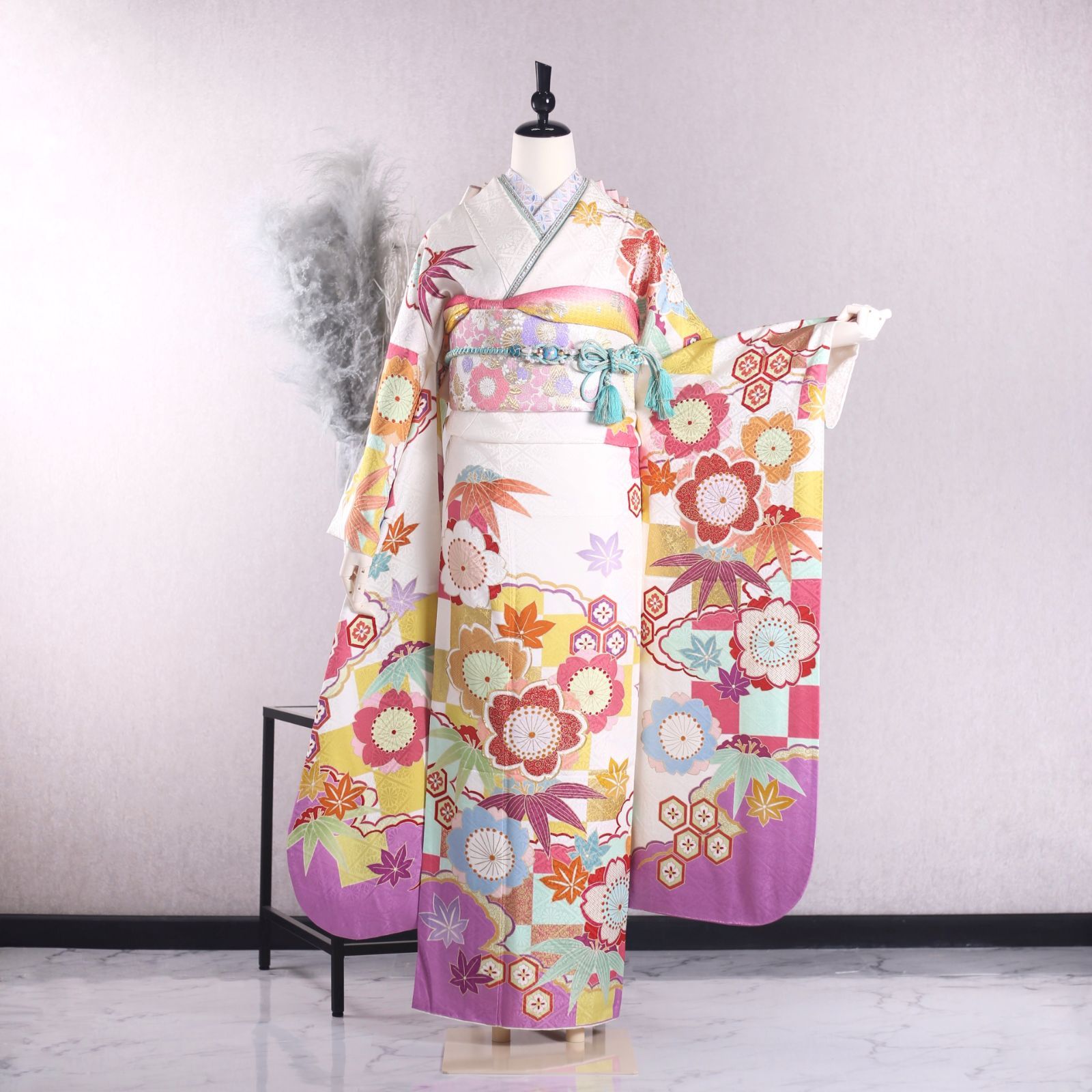 振袖フルセット 振袖セット 振袖 Lサイズ 中古 白×レトロ 美品 成人式