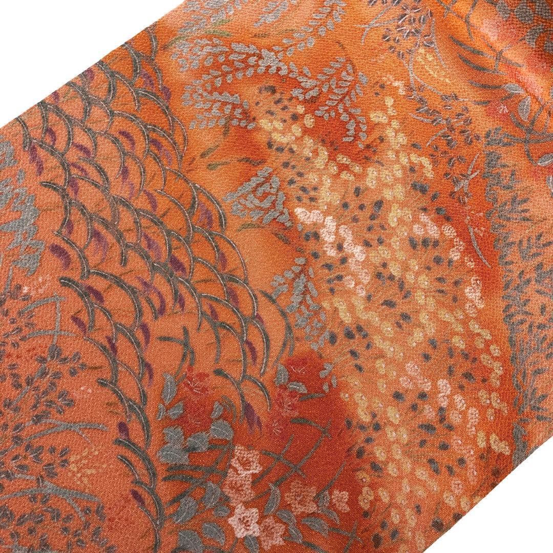 名古屋帯 染柄 草花模様 珊瑚色 縮緬 O-5639