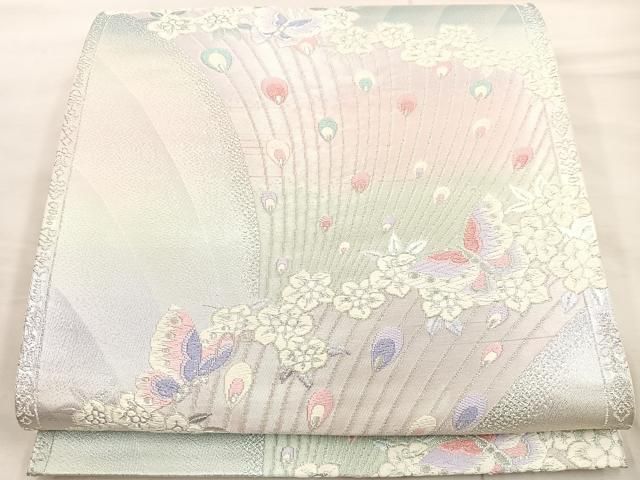平和屋着物◎六通柄袋帯 唐織 孔雀花蝶文 銀糸 正絹 逸品