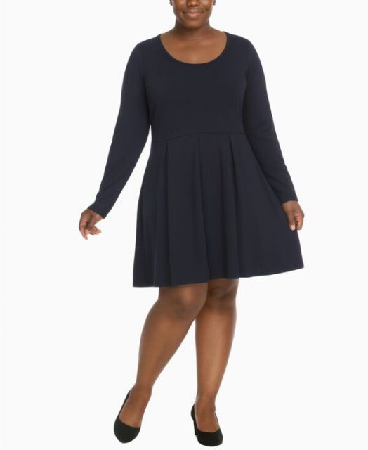 送料無料 ホワイトマーク レディース ワンピース トップス Plus Size Classic Long Sleeve Fit and Flare Dress Navy