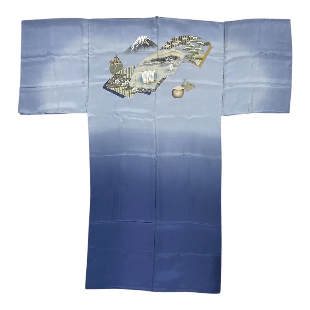 B品 ME-A-248 正絹 長襦袢 富士 山 富士山 キングサイズ仮仕立て 和装下着 メンズ 男性 青