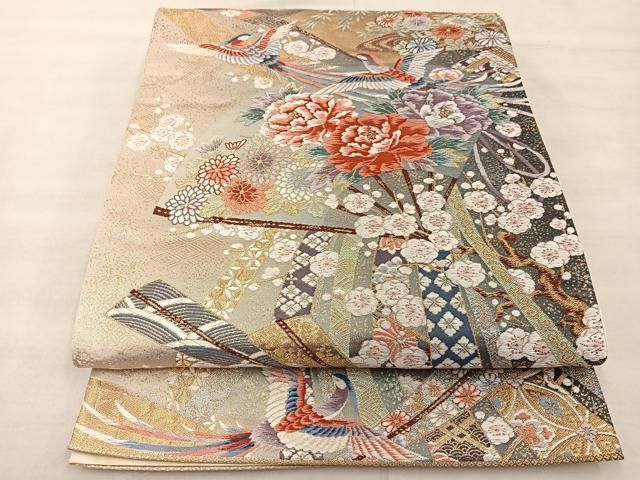 平和屋着物◎六通柄袋帯 唐織 扇面花文 金糸 正絹 逸品