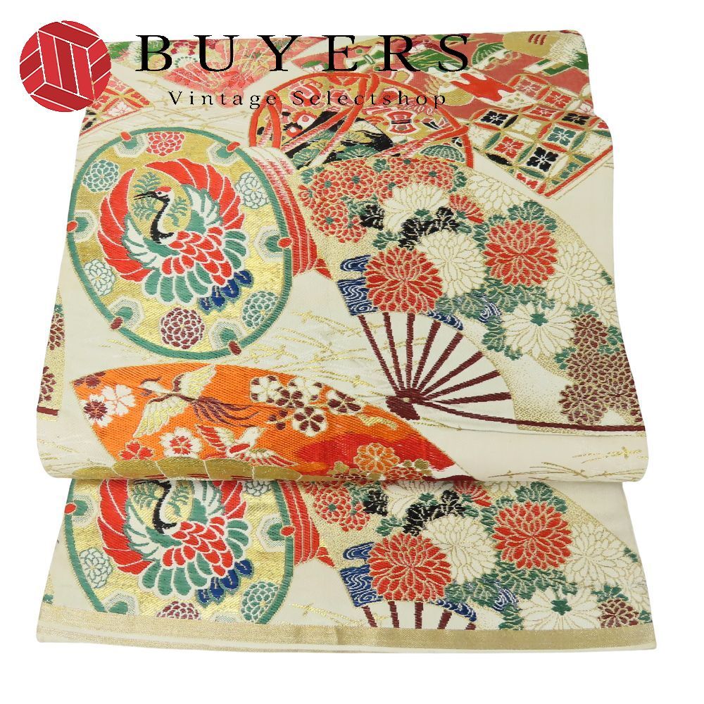 袋帯 全通柄 正絹 金銀糸除く アイボリー ゴールド マルチ 豪華 丸帯 両面 和装 呉服 和服 きもの レディース 女性