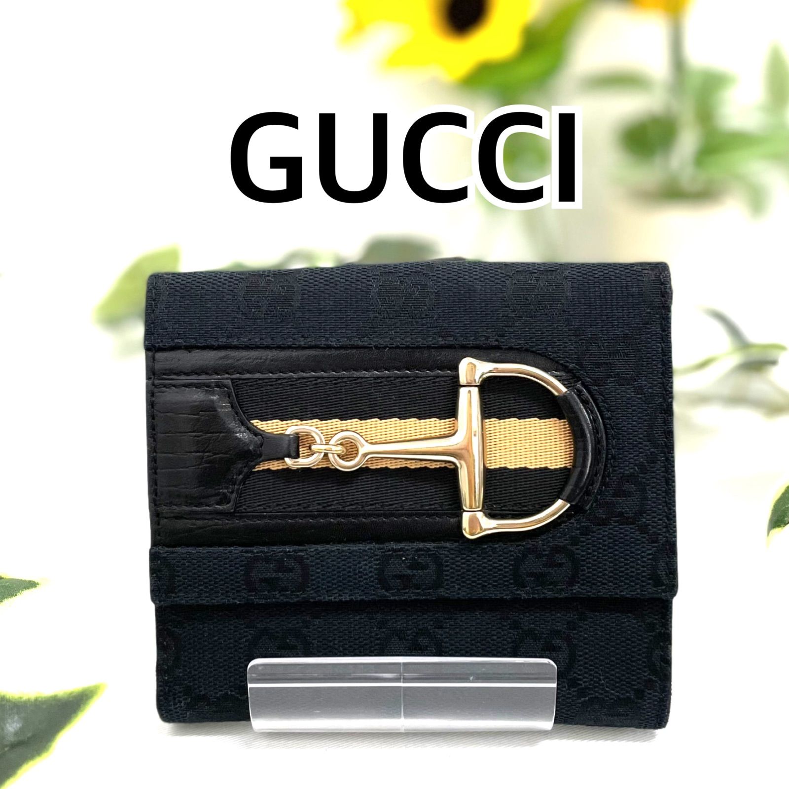 GUCCI グッチ GG ホースビット レザー キャンバス 二つ折り 財布