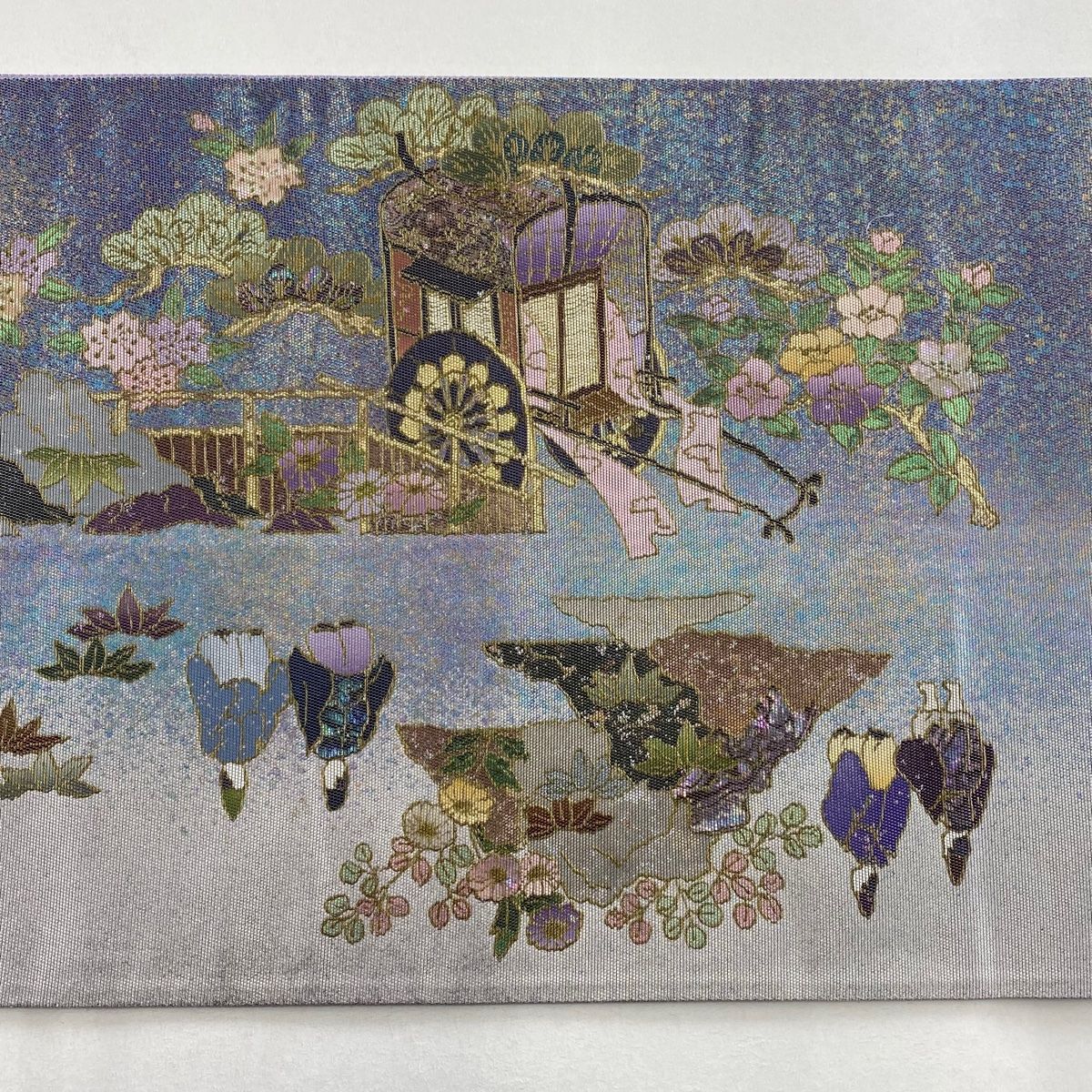 袋帯 美品 名品 夏帯 魚 水草 箔 灰色 お太鼓柄 正絹 中古（魚