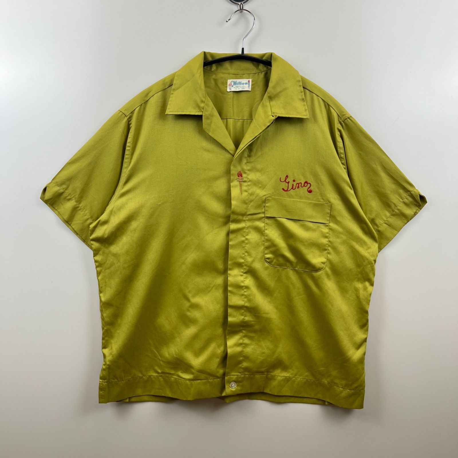 70S Hilton vintage ボーリングシャツ 刺繍 70年代 70s ヒルトン アメリカ製 青 ブルー オープンカラー 開襟