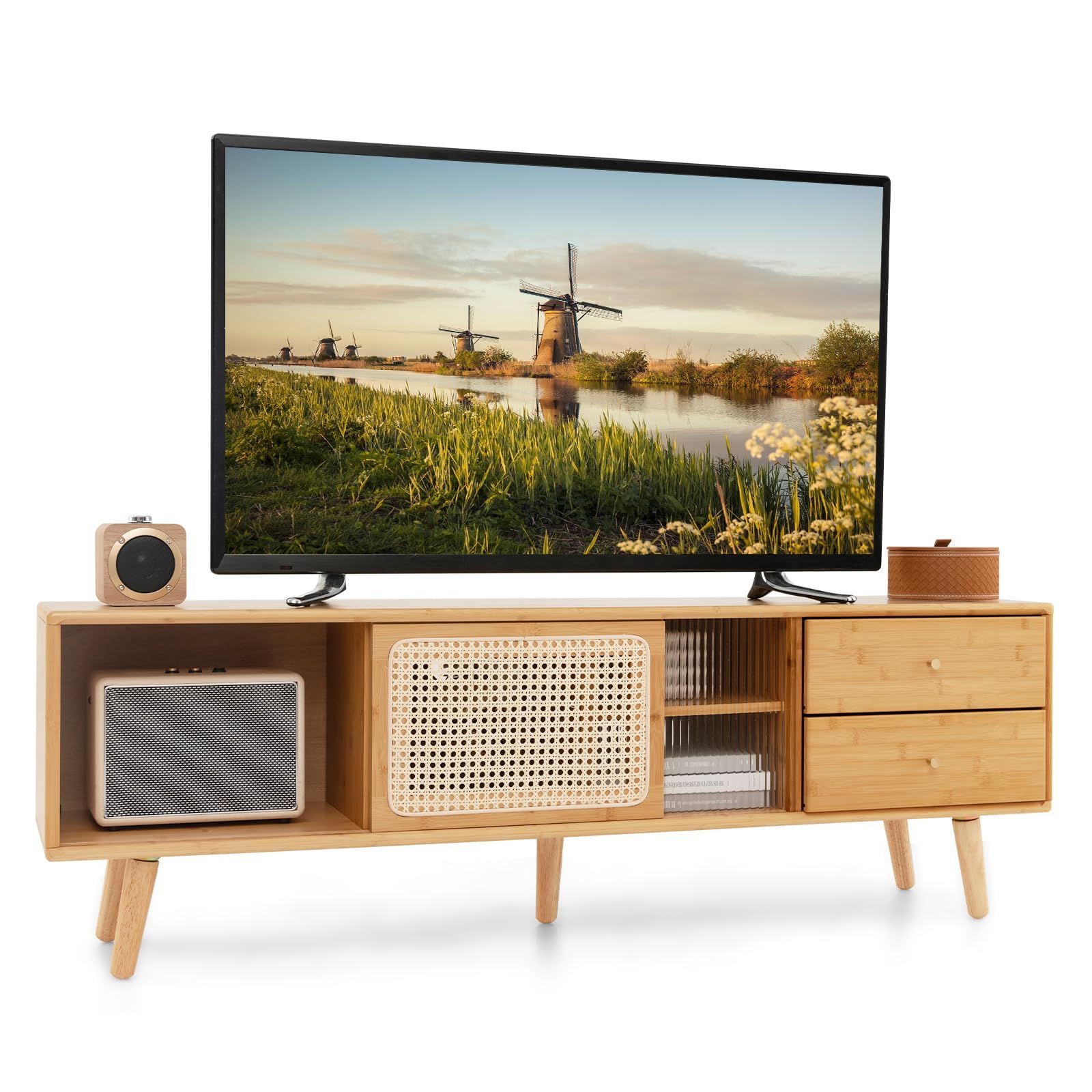 人気商品 家具 収納 TV台 リビングルーム ベッドルーム オフィス用 引き出し付き 可変棚 耐荷重20kg 天然竹 オープン収納付き 32型～65型のテレビ用 配線スッキリ ローボード 省スペース テレビボード 組立簡単 テレビ台 おしゃれ COSTWAY
