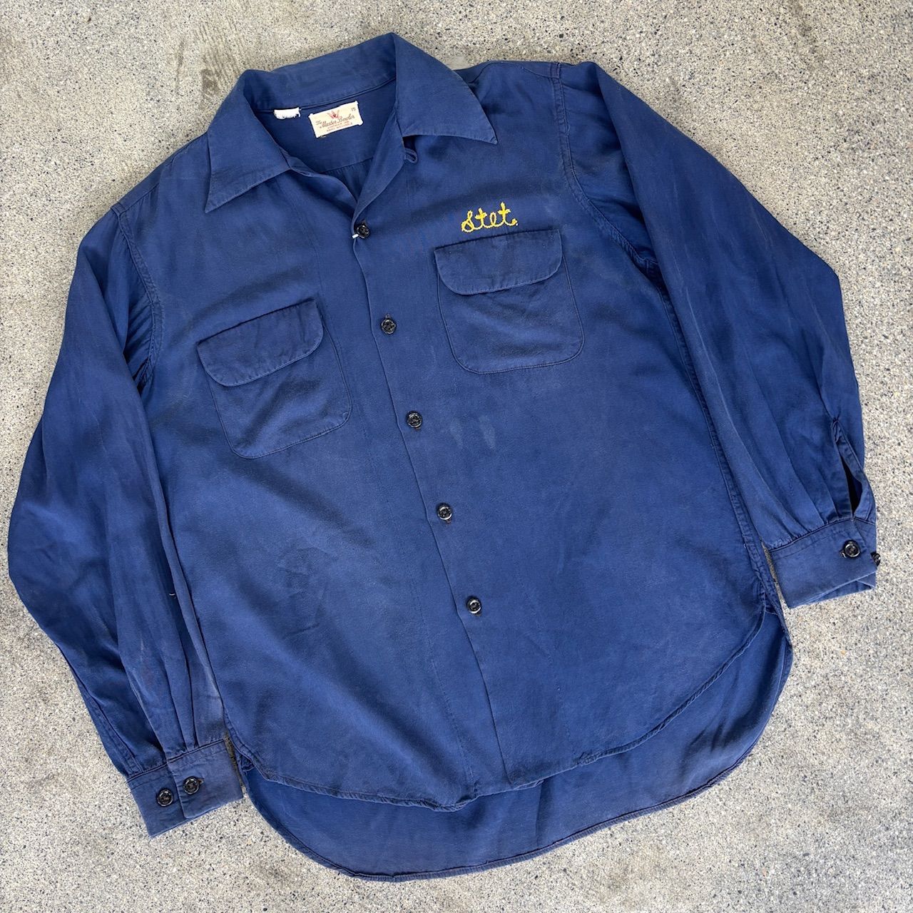 Master Bowler ~60s Navy Rayon Shirt M Good Color