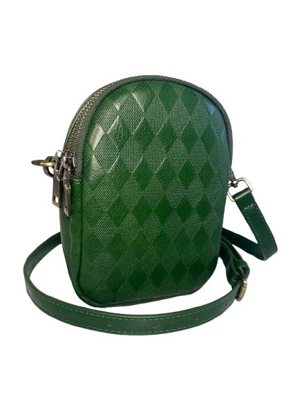 Rebecca ショルダーポシェット Wファスナー型 牛本革 トップグレードレザー ツヤありレザー ダイヤ柄型押し レディース メンズ LR-8203グリーン 牛革 本革 レザー ポシェット ショルダーバッグ スマホポシェット ユニセックス 男女兼用