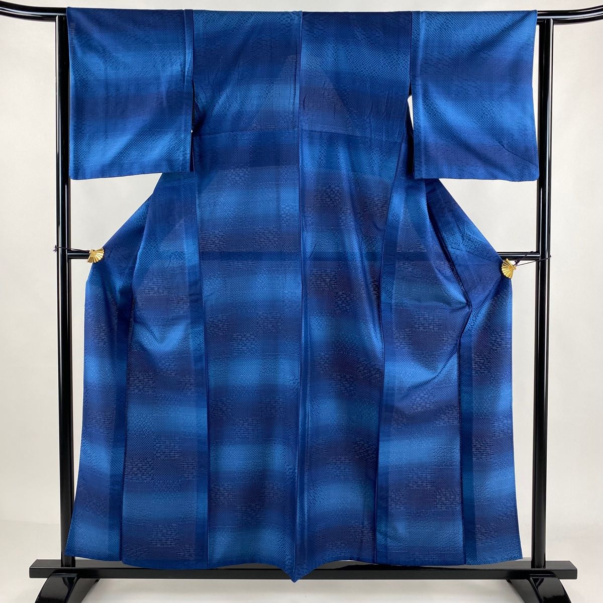 紬 身丈157cm 裄丈62.5cm S 単衣 段縞模様 幾何学模様 藍色 正絹 名品