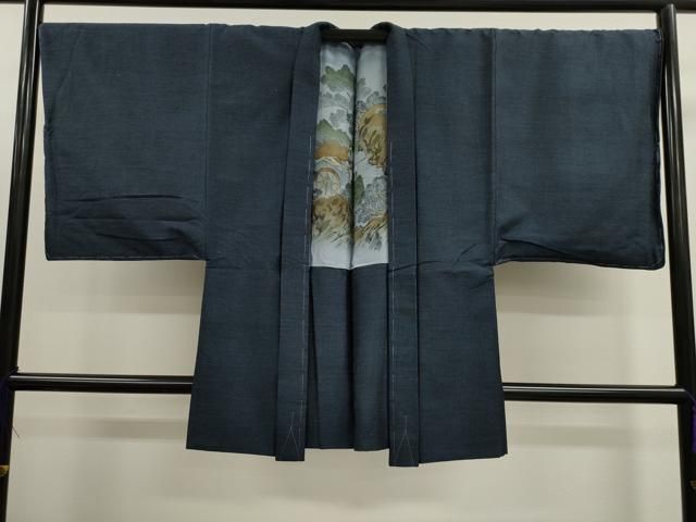 平和屋着物男性　羽織　紬地　濃紺地　羽裏：風景文　正絹　逸品　未使用　CAAL4274dy