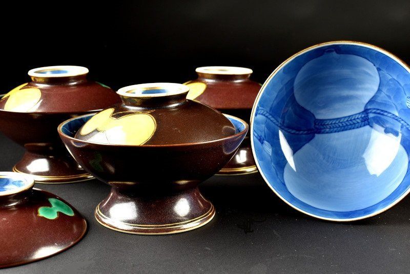 【蔵C8632a】有田 錦右衛門窯 染付色絵 瓢箪文 蓋茶碗 五客