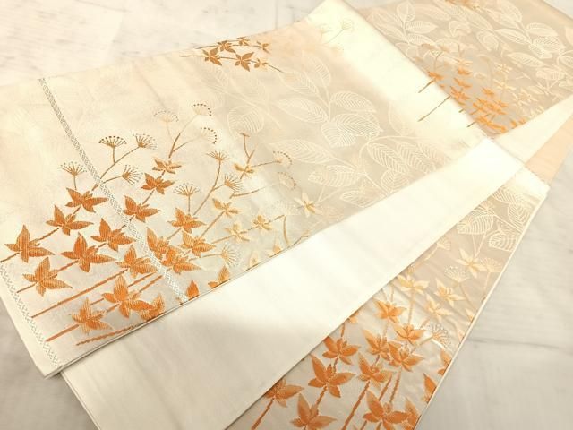 平和屋着物◎六通柄袋帯 唐織 草葉文 銀糸 正絹 逸品 AAAZ2262yx