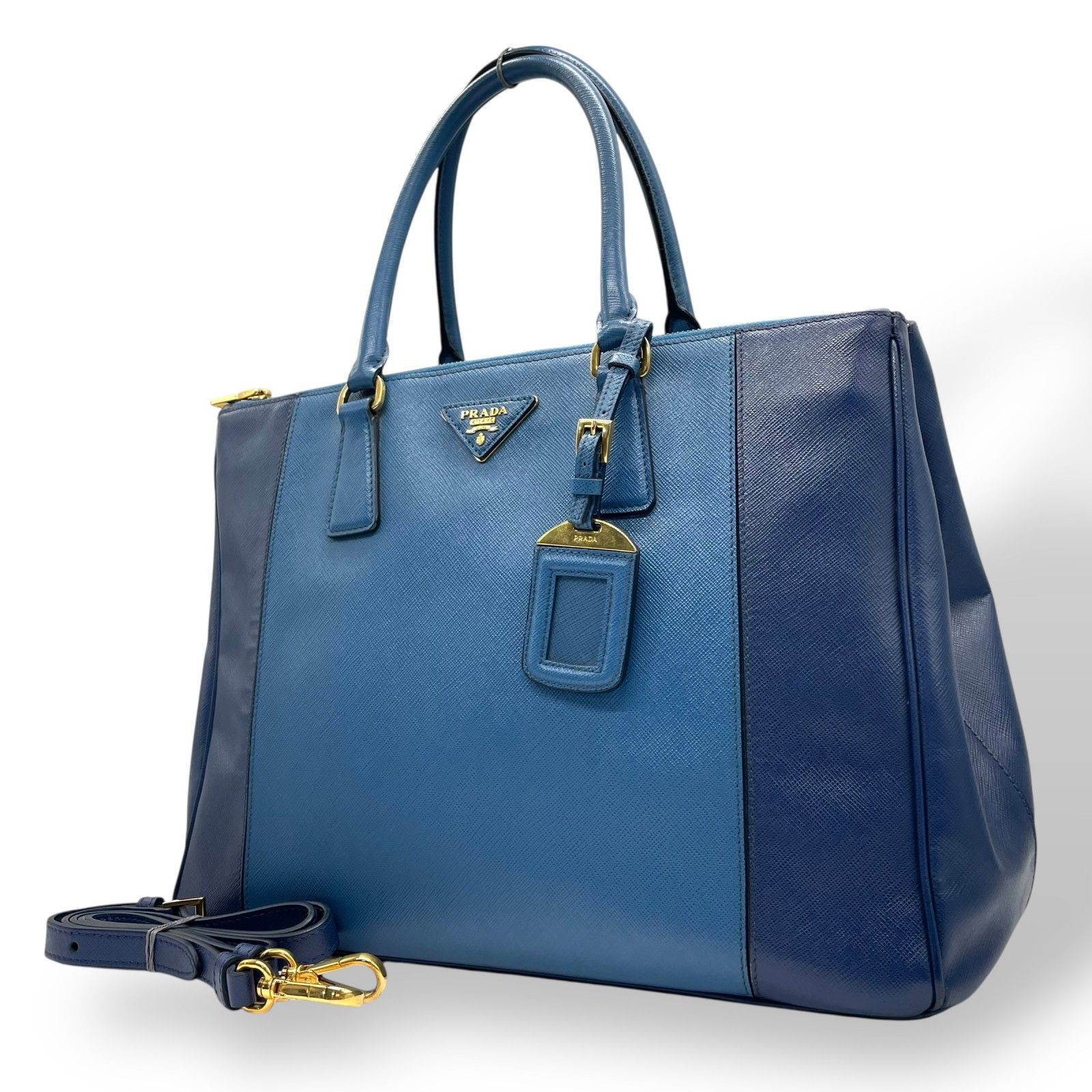 プラダ PRADA ガレリア ハンドバッグ トートバッグ 2way ショルダーバッグ サフィアーノレザー 三角ロゴ ブルー ゴールド金具 ハンドバッグ メンズ レディース A