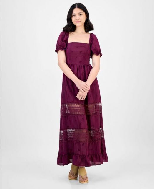送料無料 アンドノウディス レディース ワンピース トップス Women s Square-Neck Embroidered Maxi Dress P|XXS-XXL Deep Cranberry