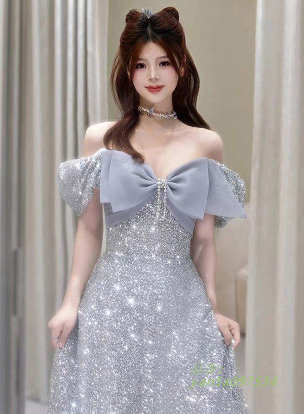 パーテイードレス ロング丈ドレス レディース オフショルダー 肩出し キラキラ 演奏会 大きいサイズ 二次会 発表会 エレ20代 着痩せ yan5a097534