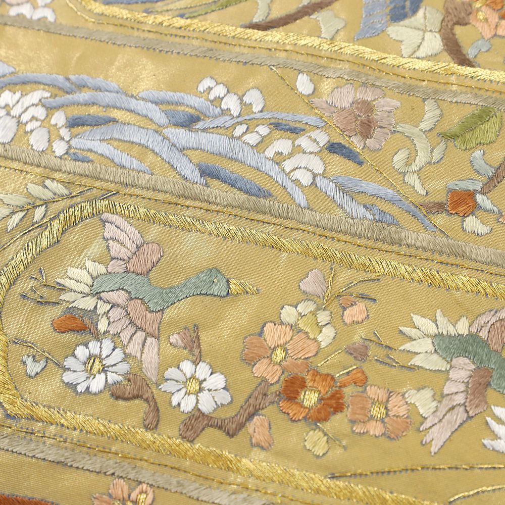 袋帯 中古 金地 汕頭刺繍 蘇州刺繍 花 白鳥 尾長鳥 鴨 花唐草