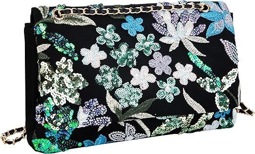 【在庫処分】Abvokury スパンコール刺繍花柄ショルダーバッグ、ブラックとゴールドチェーン 脇の下財布 イブニングクラッチ ウェディングパーティー用， ブラック///ホワイト， 花柄ショルダーバッグ