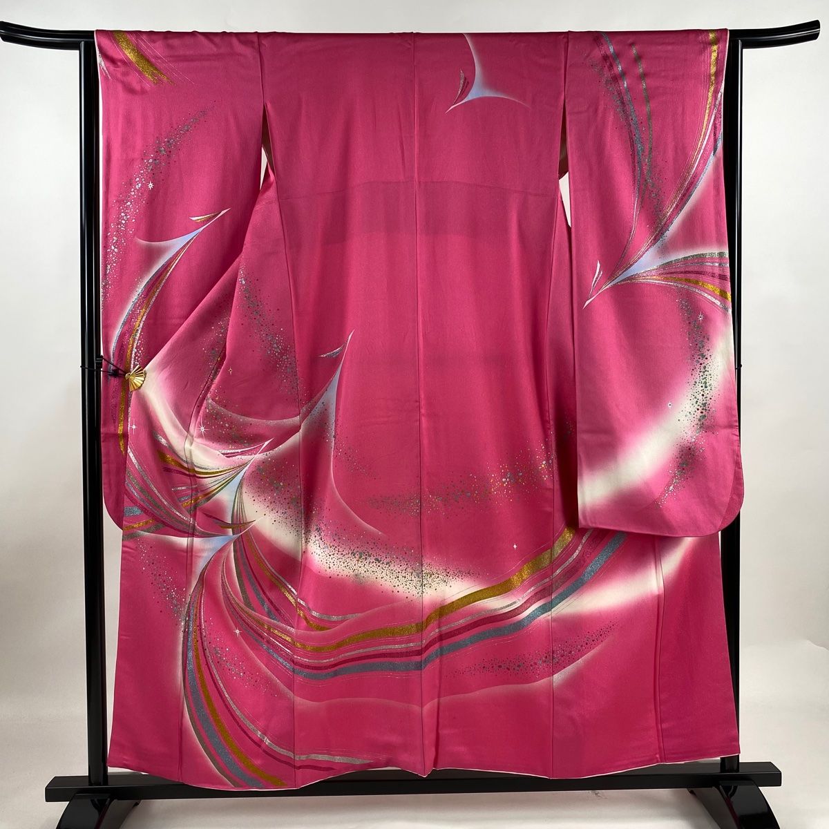 振袖 身丈154.5cm 裄丈63.5cm S 袷 山口小夜子 落款 鳥 幾何学模様 銀通し 金銀彩 濃ピンク 正絹 名品
