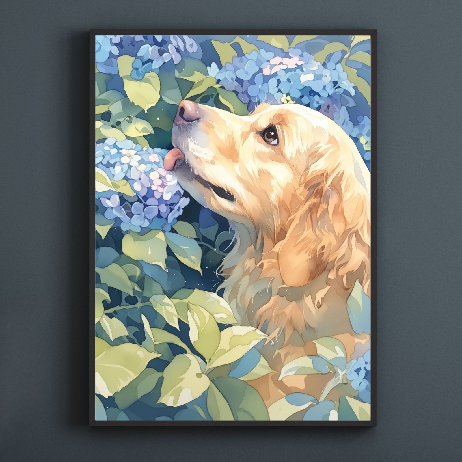 雨犬戯舞 - ゴールデンレトリバー犬の子犬 No.1 梅雨 季節 時期 紫陽花 カタツムリ 子犬 うちの子記念日 ペットロス アートポスター 犬の絵 犬のイラスト