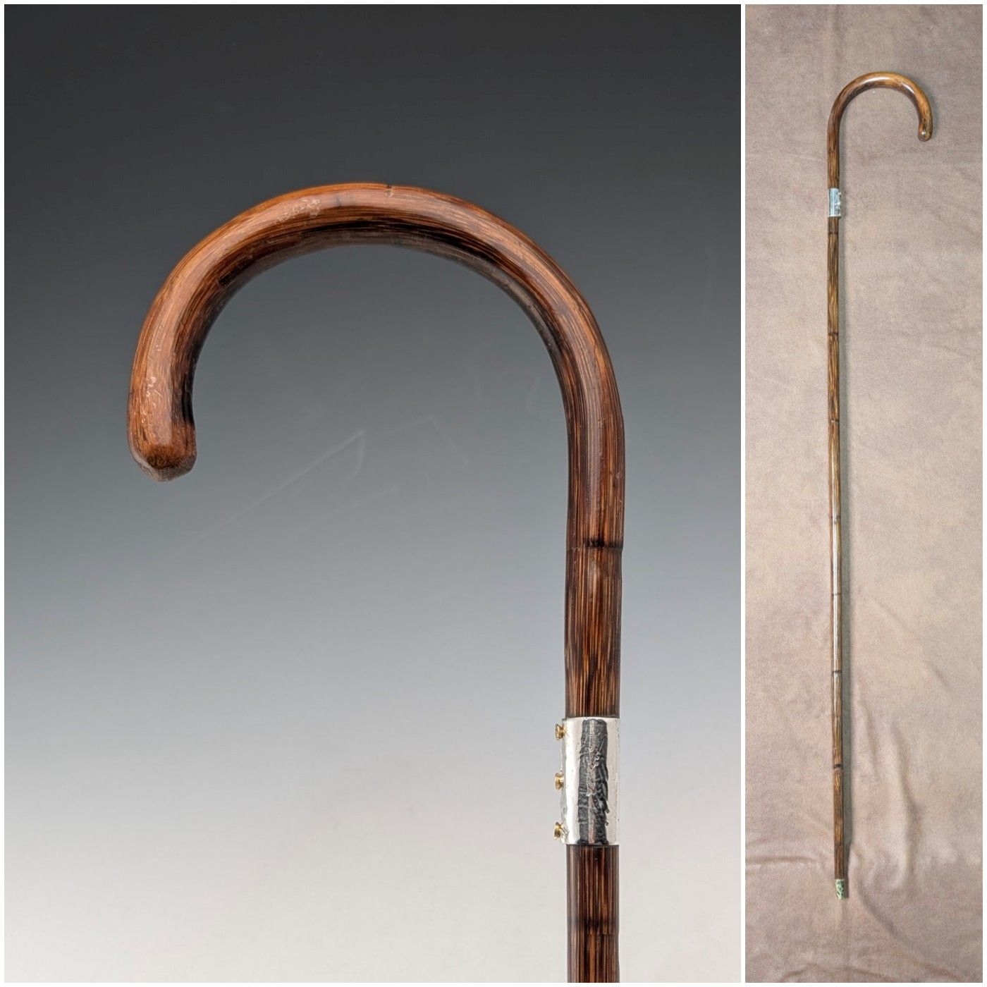 1930年頃 英国ヴィンテージ ブラウンシャフト 曲がりハンドル 純銀装飾 ステッキ 杖 89cm 1930年頃 英国ヴィンテージ ブラウンシャフト 曲がりハンドル