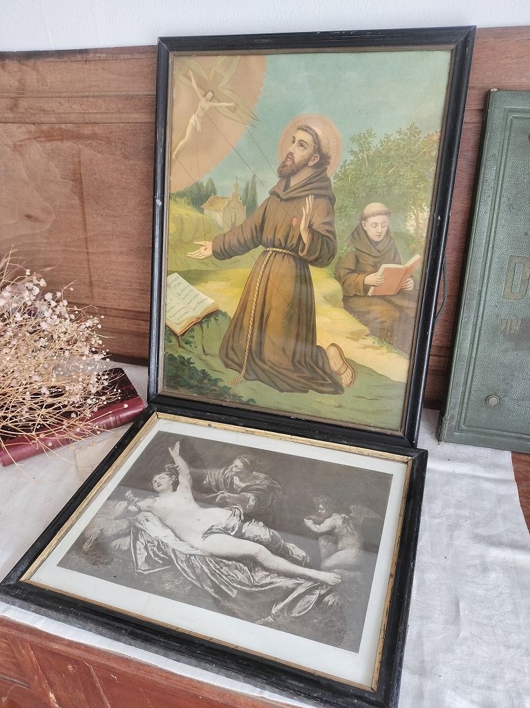 フランス アンティーク 素敵 1900年 黒い 木製 フレーム 額 壁掛 ガラス付き 2点セット