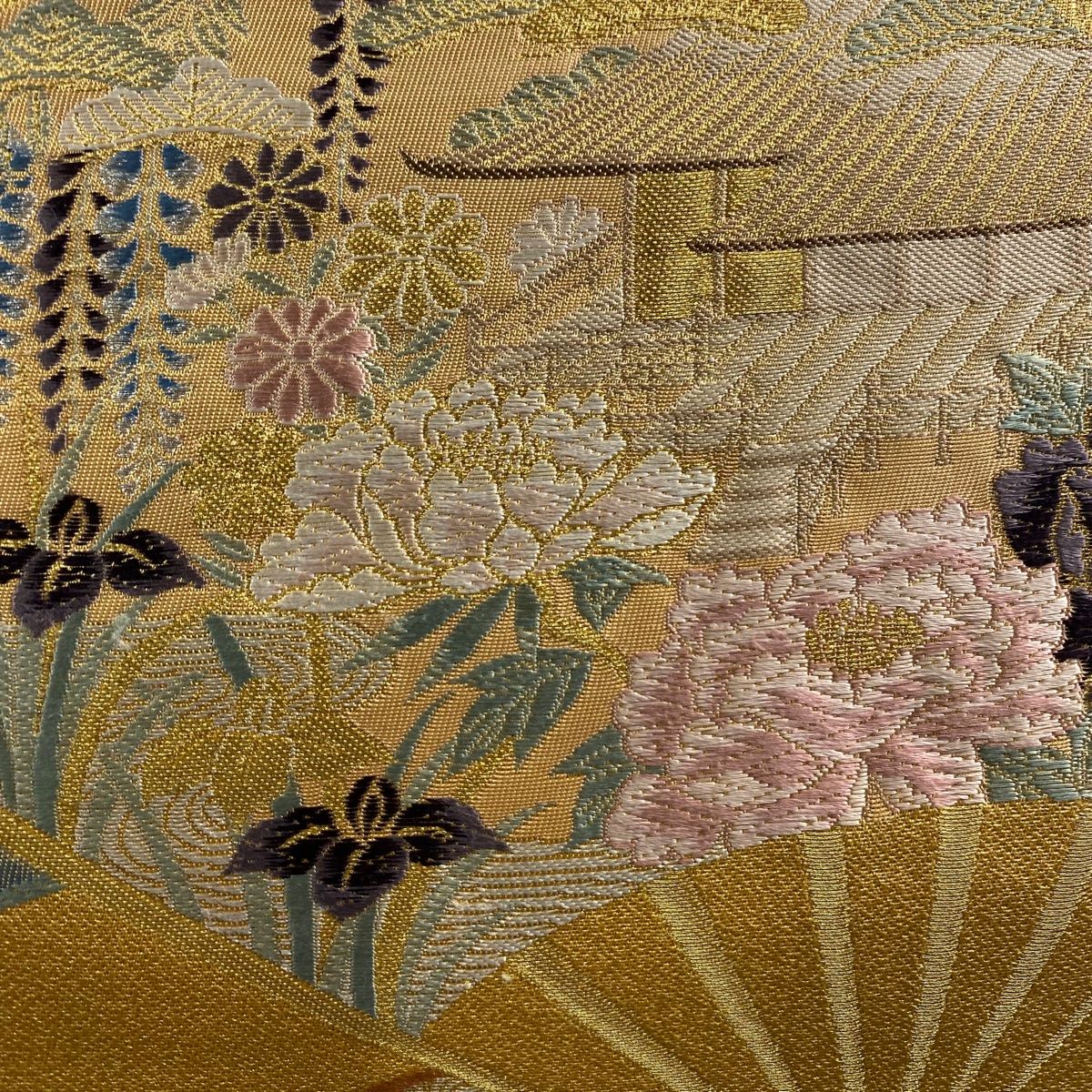 袋帯 秀品 関西仕立て 扇 草花 金糸 箔 山吹茶色 六通 正絹