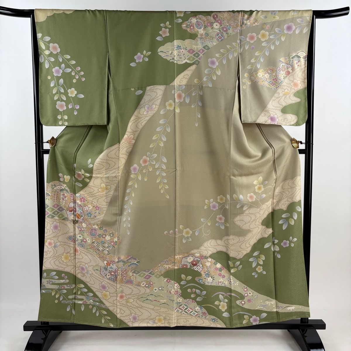 訪問着 身丈158cm 裄丈66cm M 袷 草花 七宝 金糸 金彩 よもぎ色 正絹 名品