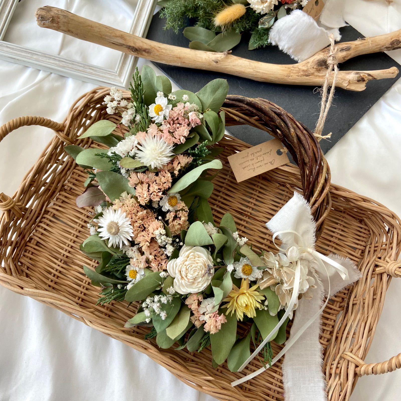 再販】ドライフラワーオレンジハーフリース ユーカリスターチス