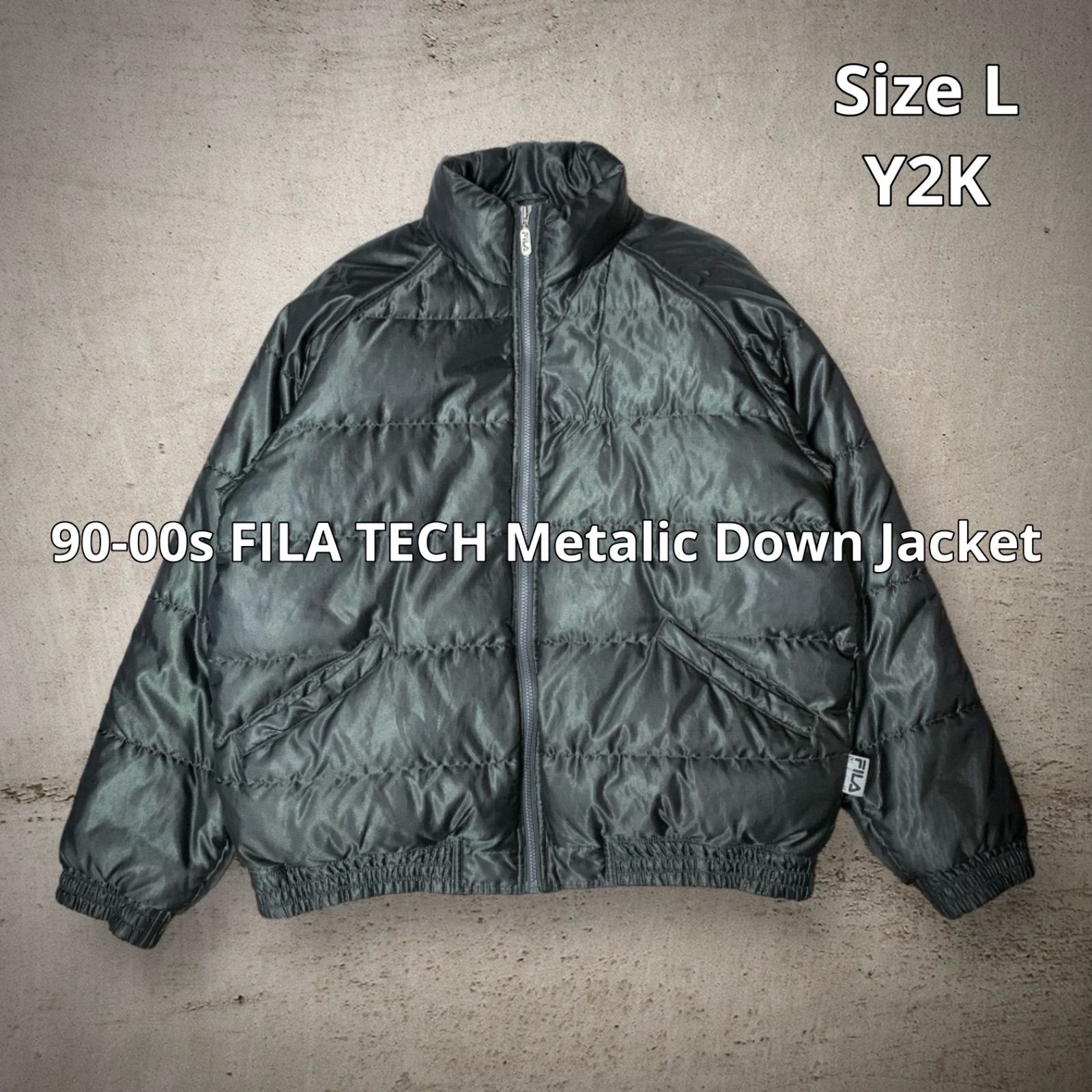 90-00s FILA TECH Metalic Down Jacket フィラ メタリックダウンジャケット ブラックシルバー Lサイズ ピスタグ  Y2K サイバー テックウェア ストリート スポーツ