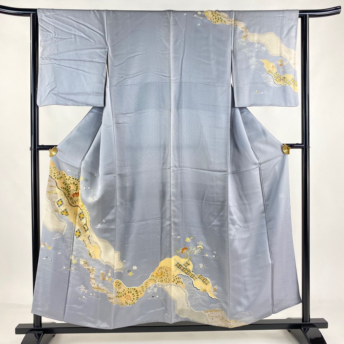 訪問着 身丈154cm 裄丈62cm S 袷 千總 落款 花唐草 道長取り 金糸 金彩 青灰色 正絹