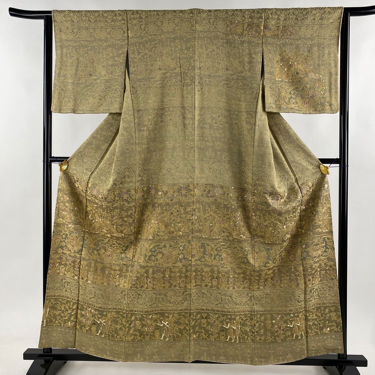 訪問着 身丈157cm 裄丈63cm S 袷 コプト柄 草花 刺繍 金糸 ベージュ 正絹