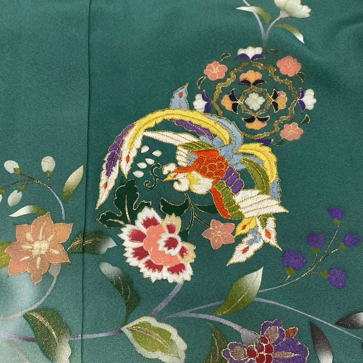 訪問着 身丈157cm 裄丈66.5cm M 袷 花唐草 鳥 刺繍 金彩 緑 正絹 秀品