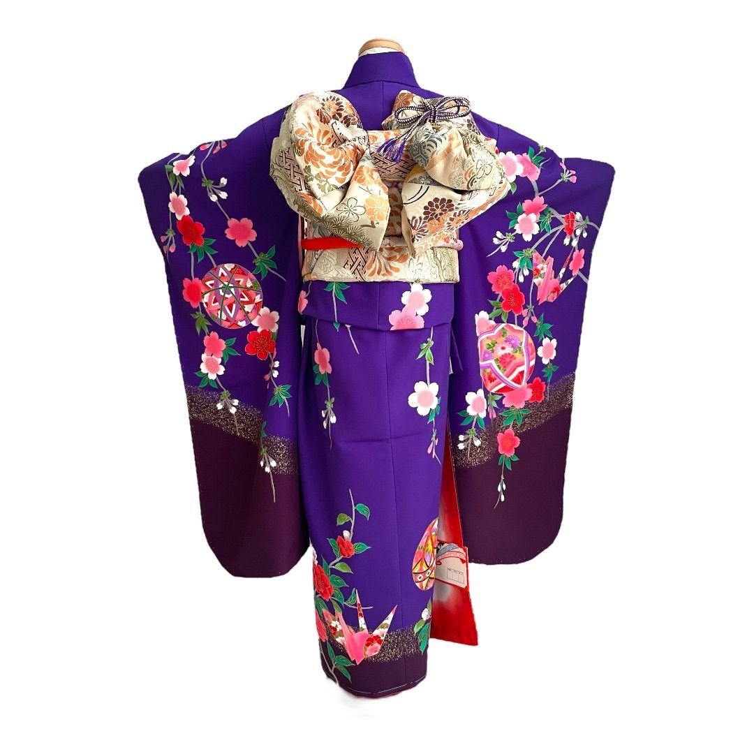 レトロ 七五三 正絹 7歳用 着物 襦袢付 紫 鼓