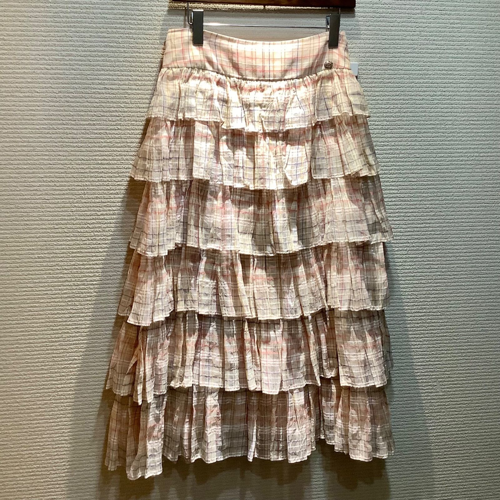 シャネル CHANEL 20C チェック柄 ティアードフリルスカート ロングスカート フ ースカート ピンク 38 P62606 ランウェイ G102|T140