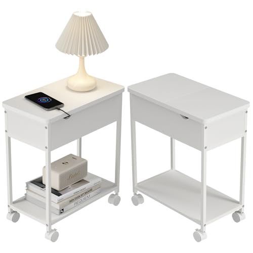 サイドテーブル コンセント付 引き出し付 ナイトテーブル45x25x52cm ベッドサイドテーブル 引き出し付き 収納付 ホワイト