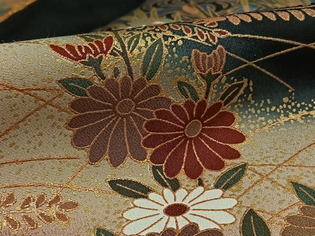 平和屋着物□豪華黒留袖 駒刺繍 地紙花鳥文 暈し染め 金彩 正絹