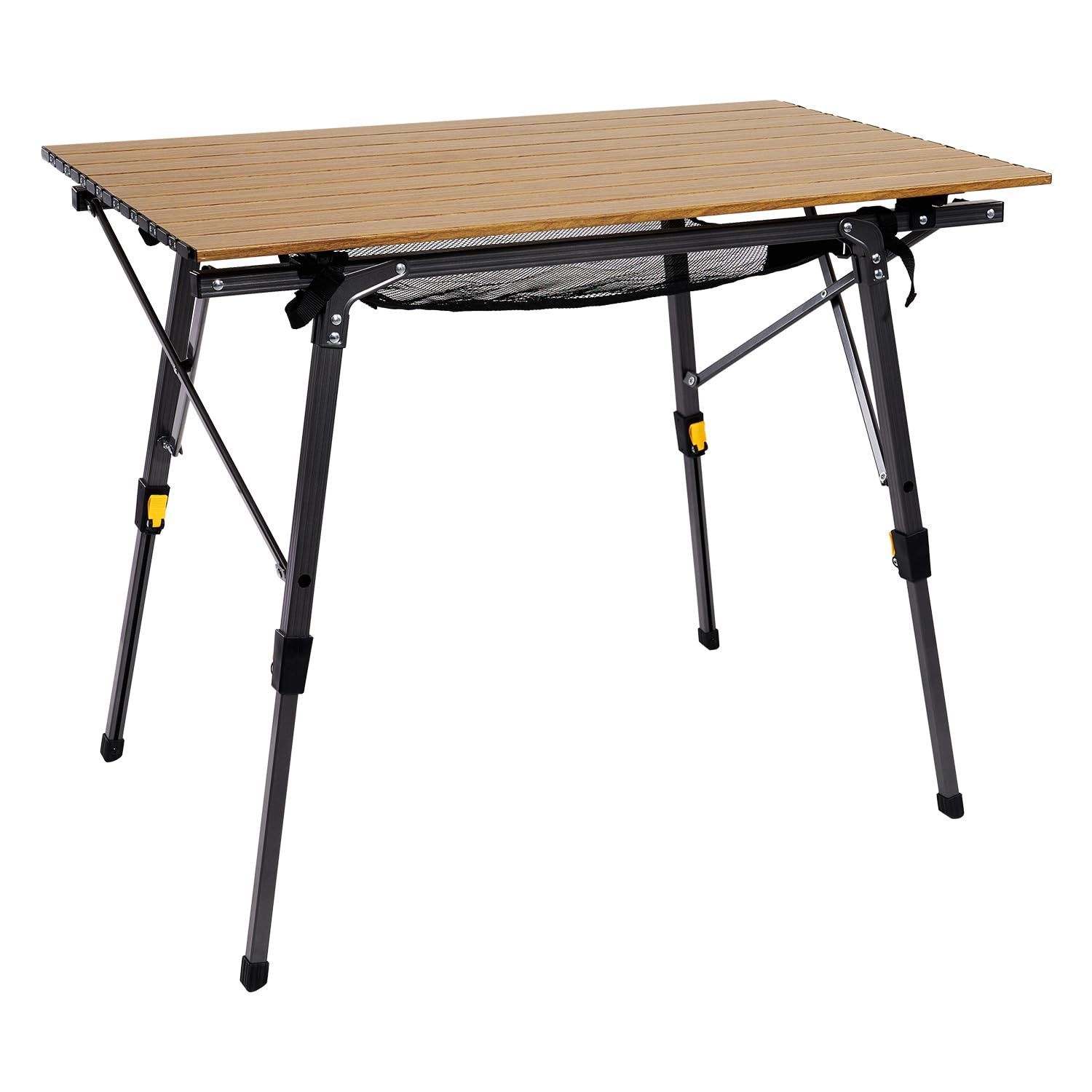 人気商品 キャンプ用 コンパクト 90L*53W*45-70Hcm 収納袋付き ロールテーブル アルミ 重量4.2kg 耐荷重30kg 高さ調節 折りたたみ 木色 アウトドアテーブル Ridge Timber