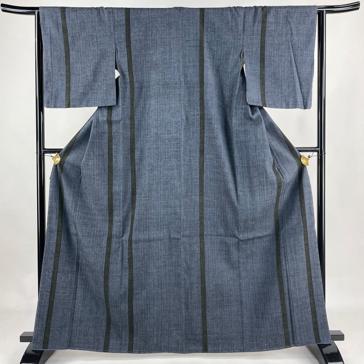 紬 身丈164.5cm 裄丈63.5cm S 袷 亀甲絣 縦縞 紺色 正絹