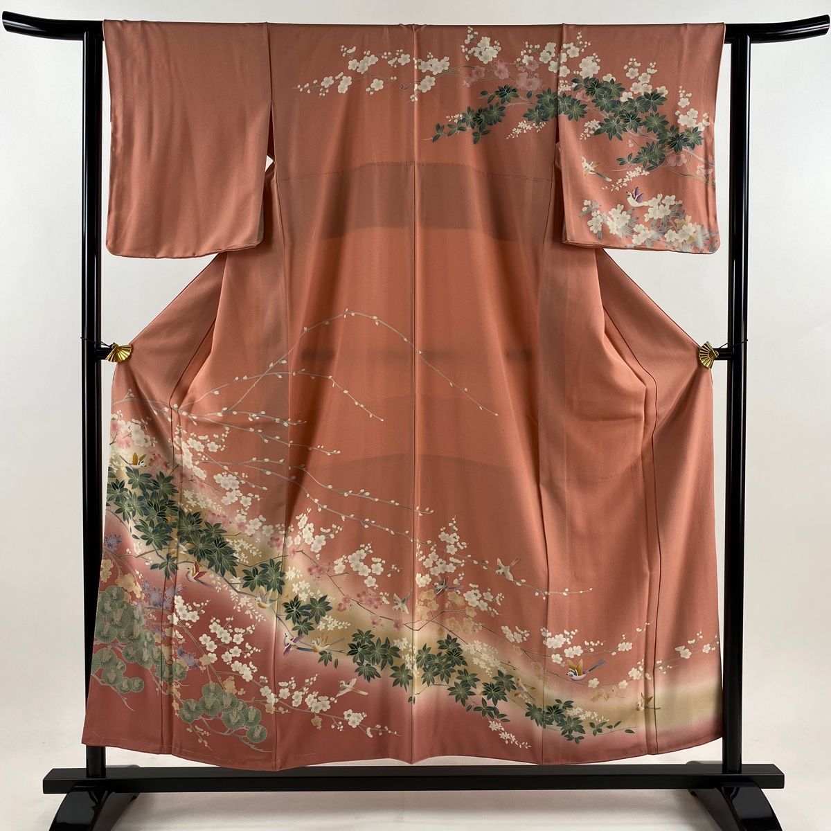 訪問着 身丈154.5cm 裄丈62cm S 袷 松梅 鳥 染め分け ぼかし ピンク 正絹 秀品