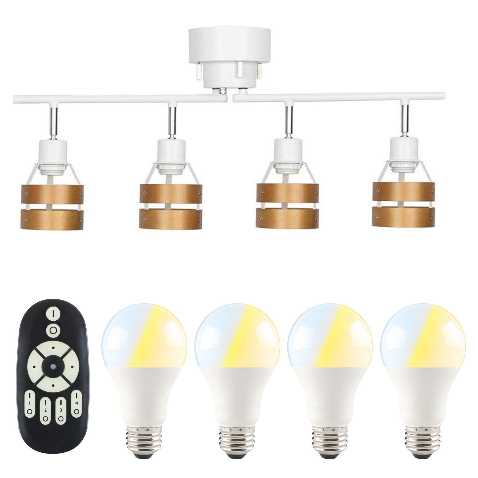 送料無料 共同照明 シーリングライト 4灯 6畳 8畳 北欧 シーリング スポットライト 照明器具 天井照明 GT-DJ-2DW-9WT-2 LED電球60W形付 調光 調色 リモコン対応 E26 折りたたみ式 ウッドリング モダン おしゃれ カフェ風 天然