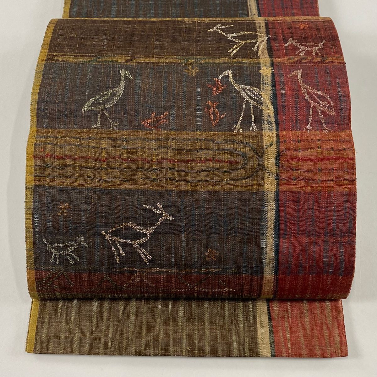 袋帯 美品 逸品 落款 渡文 動物 縞 銀糸 茶色 お太鼓柄 正絹