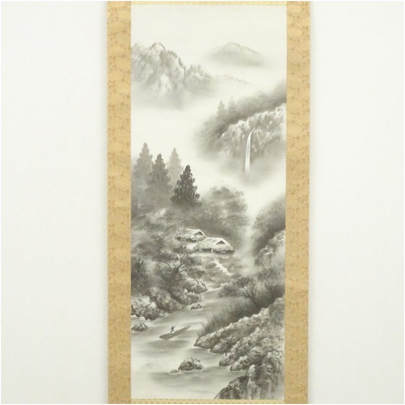 山田白峰筆 水墨山水 肉筆絹本掛軸（共箱） 掛け軸 床の間 書 おしゃれ