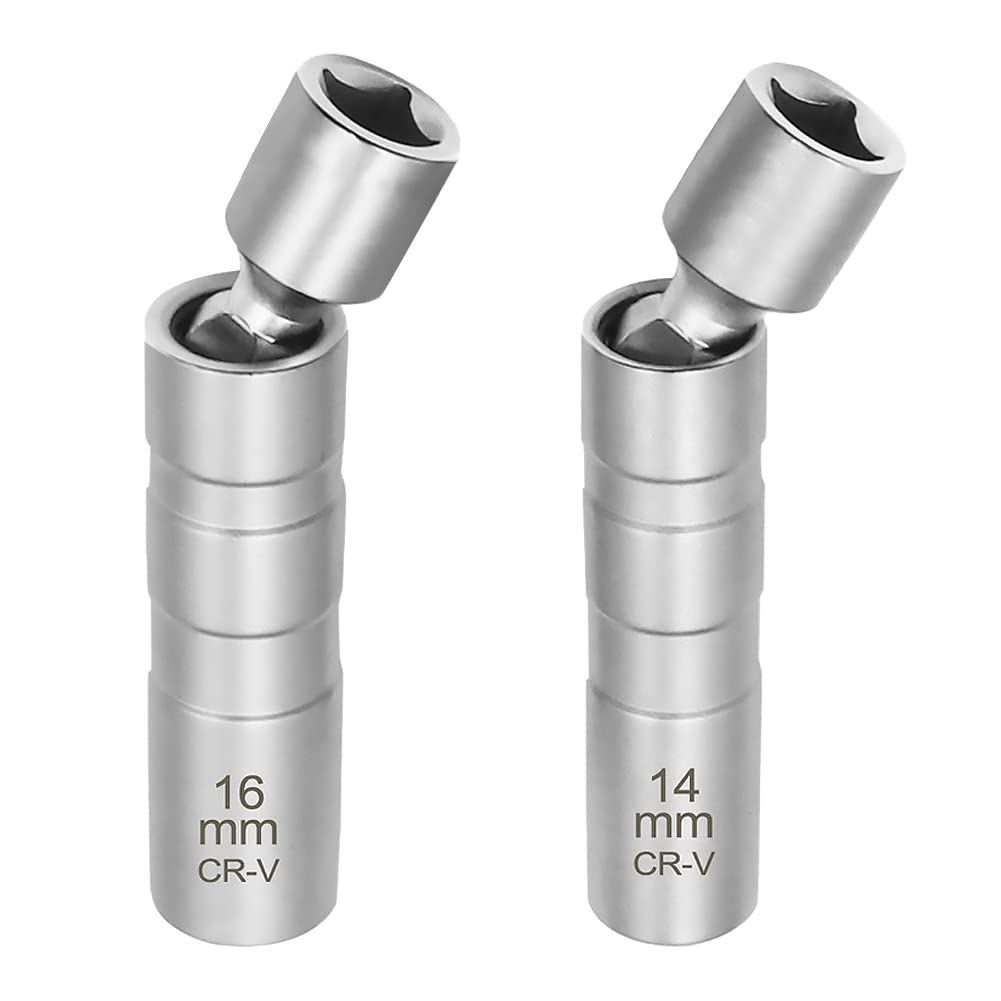 Kigauru ２本セット スパークプラグレンチ 14mm / 16mm プラグレンチ 鋼製 磁気 スパークプラグソケット 差込角9.5mm（3/8＂）12角薄壁 360度回転 ユニバーサルジョイント スパークプラグソケット 分