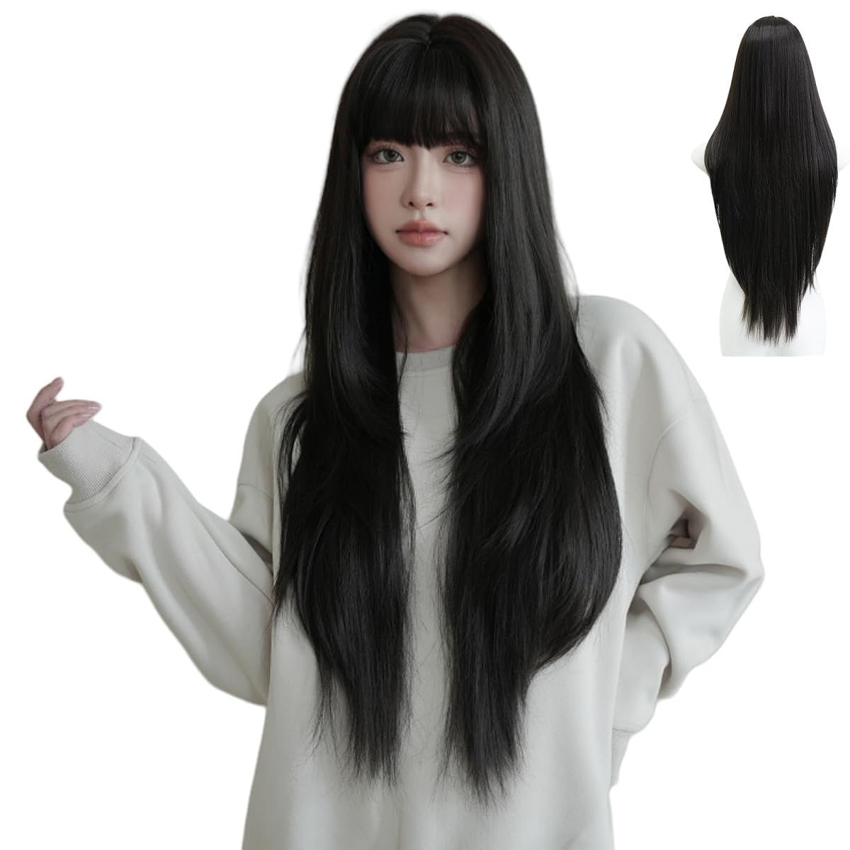 ウィッグ ロング ストレート姫カット ウイッグ 黒髪 女装 フル