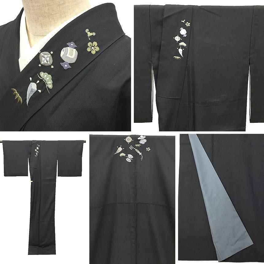 墨色の絹紬 京やG081 正絹 黒の紬 紬の訪問着 付け下げ 洒落紬 刺繍