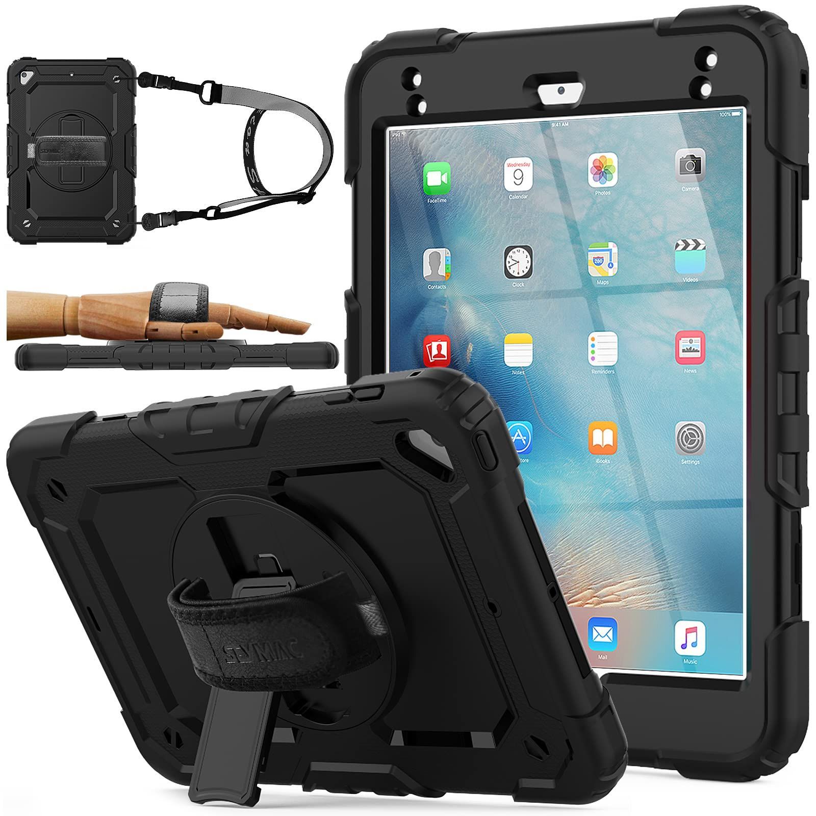 SEYMAC stock iPad Mini 5 4 ケース 耐衝撃 保護フィルム付き ペン収納 360°回転スタンド ハンドストラップ ショルダーストラップ 全面保護カバー ブラック
