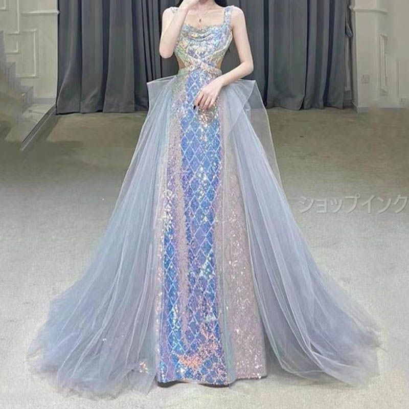 イブニングドレス ノースリーブ ノースリーブ ロングドレス 七色 鱗模様 スパンコール キラキラ キレイめ 発表会ドレス フィッシュテール 演奏会ドレス パーティードレス 結婚式